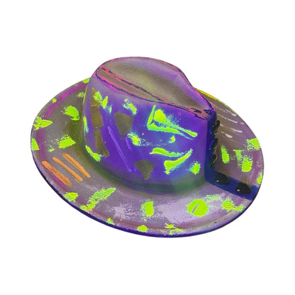 Unisex Pastel Neon Glow Fedora—Hand Painted Festival Hat with UV Splatter Heart Studs Psy Rave Art Hat for Burning Man & Festivals like LIB