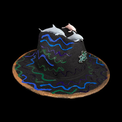 Ocean Festival Hat with Dolphin Trio, Mirror Hearts & Octopus Brooch – UV Glow Blacklight Fedora for Burning Man Psychedelic Raves Party Hat