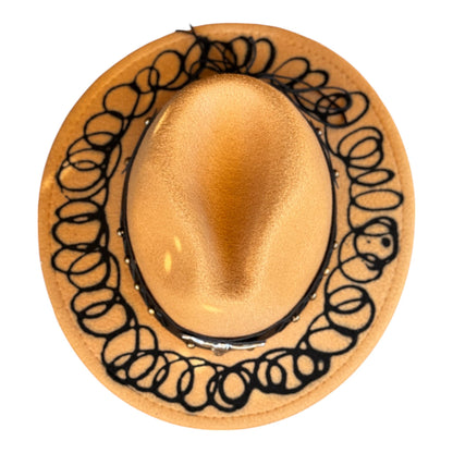 Bohemian Gold Hand-Painted Fedora Hat with Unique Black Pattern and Embellishments