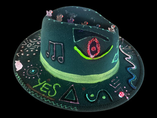 Green Festival Fedora Hat with Glow-in-the-Dark Eyes, Music Notes, and Abstract Symbols – Handmade Rave and Artistic Statement Hat