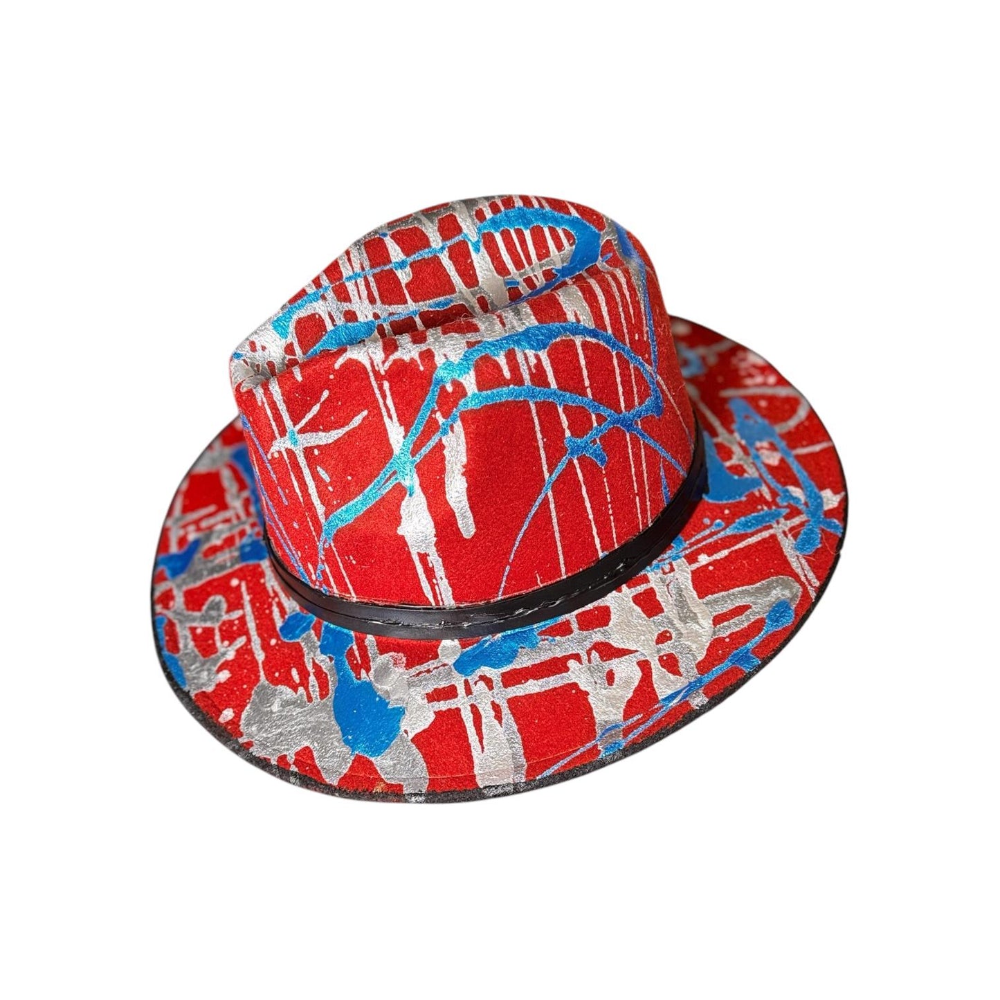 Red Psychedelic Splatter Fedora—Glow-Ready Festival Hat with Silver & Blue Paint, Coachella Burning Man Outfit, Unisex Rave Wear