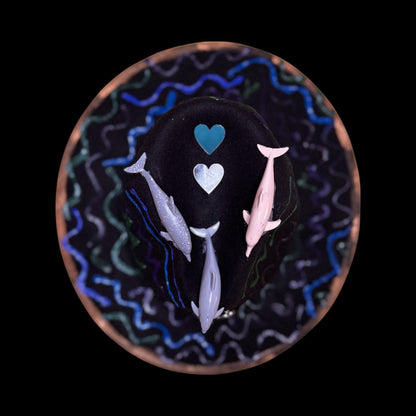 Ocean Festival Hat with Dolphin Trio, Mirror Hearts & Octopus Brooch – UV Glow Blacklight Fedora for Burning Man Psychedelic Raves Party Hat