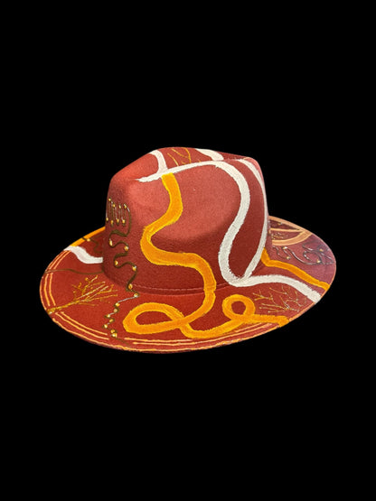 TREE OF LIFE Boho hand-painted earth-tone fedora with tree of life and gold detail, everyday artistic statement hat in red, ochre, and white