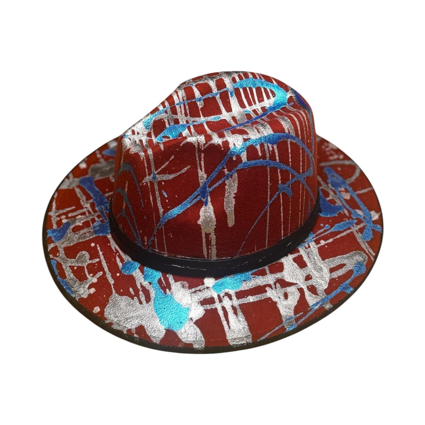 Red Metallic Splatter Fedora – Hand-Painted Rave Hat in Silver & Blue – Festival Art Hat for Burning Man, Coachella, and Psy Parties