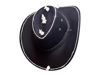 Follow the White Rabbit Festival Hat – Psychedelic Western Black Cowboy Fedora with Mini Bunnies for Burning Man & Big Stick Vibes