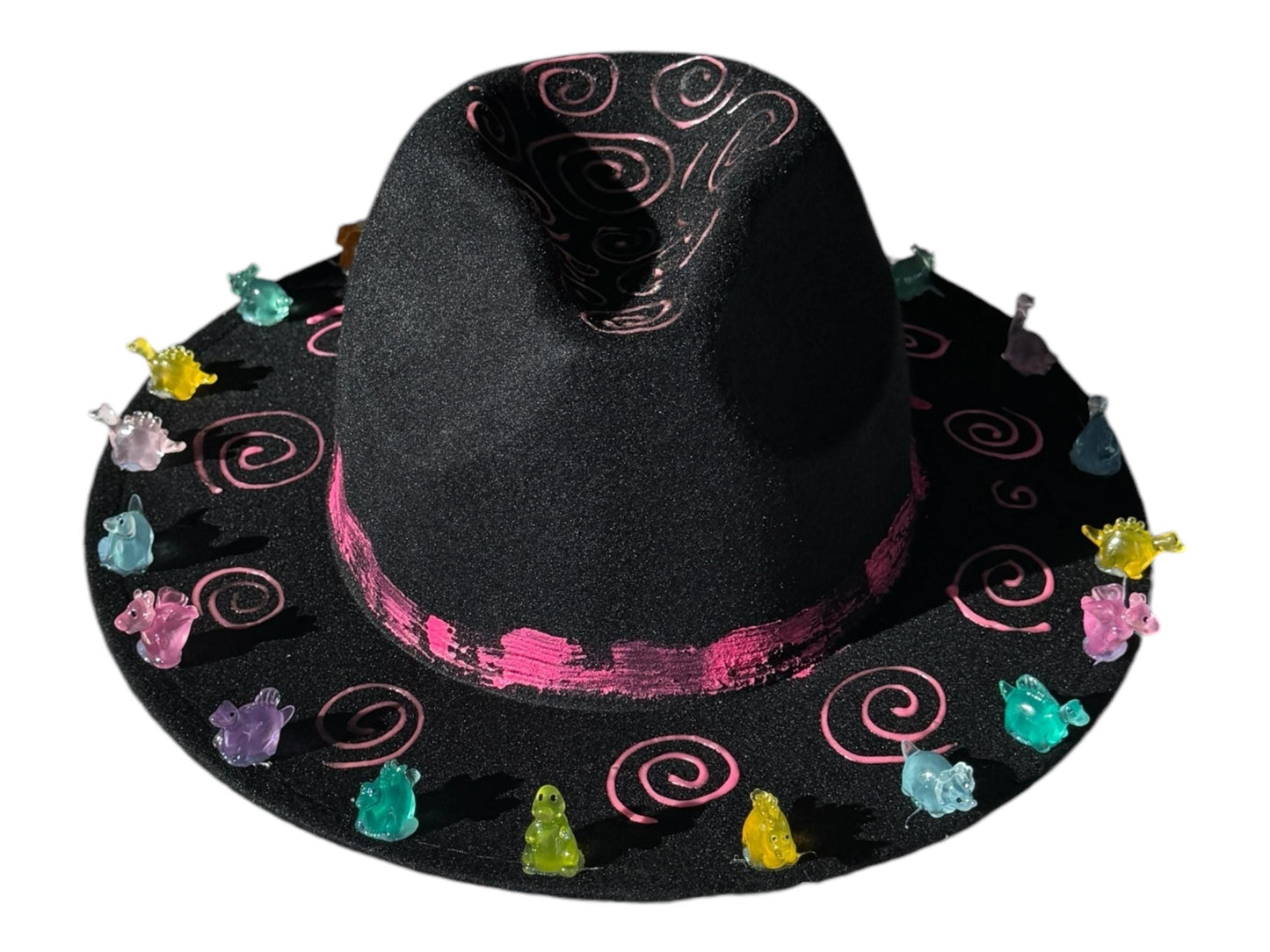 Dino Land Festival Fedora: Pink Spiral Rave Hat with Dinosaur Charms