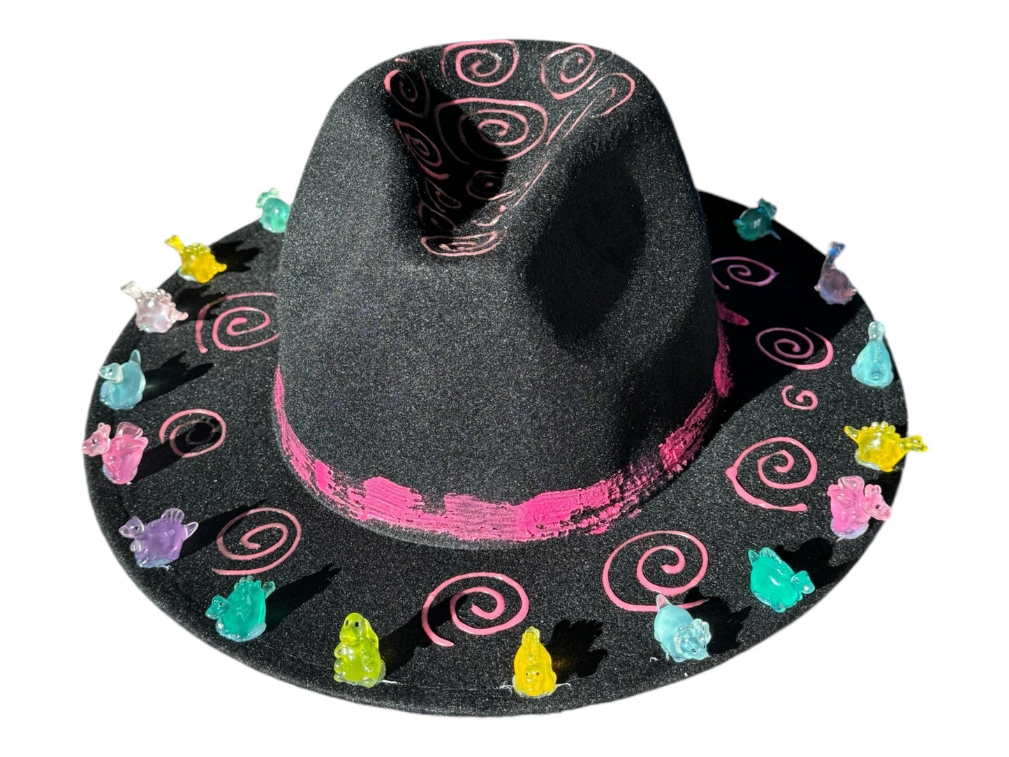 Dino Land Festival Fedora: Pink Spiral Rave Hat with Dinosaur Charms