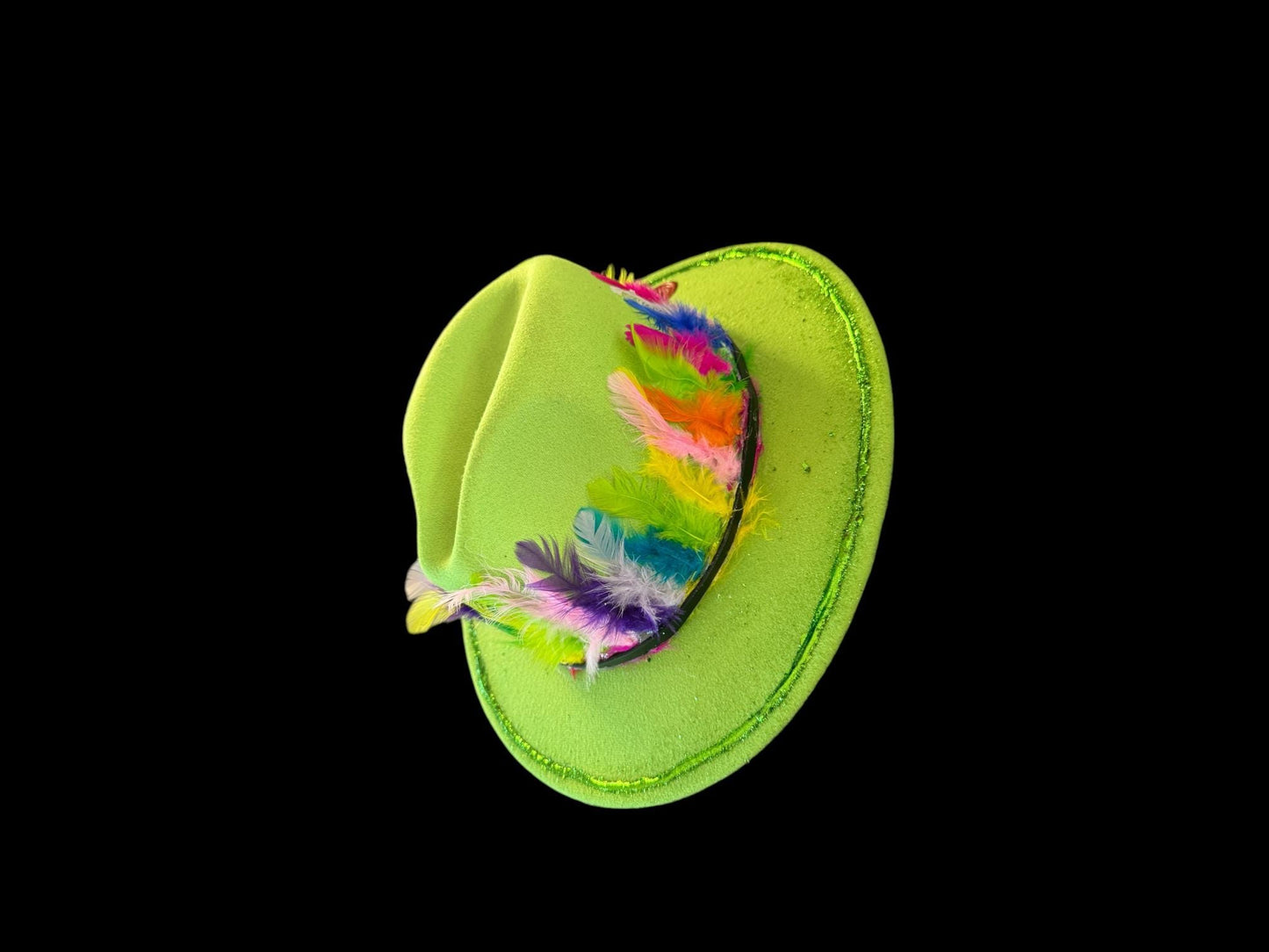 Handcrafted Lawn Green Fedora: Rainbow Feather Rave Hat