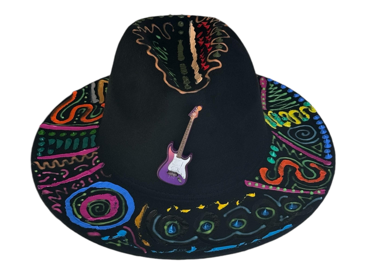 Hand-Painted Psychedelic Guitar Festival Hat: Vibrant Rave Costume