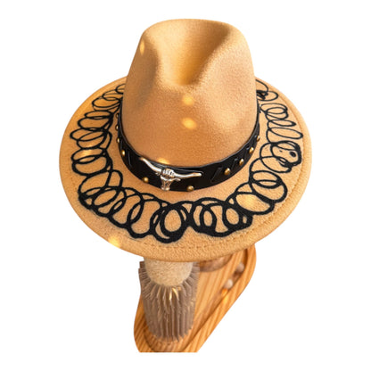 Bohemian Gold Hand-Painted Fedora Hat with Unique Black Pattern and Embellishments