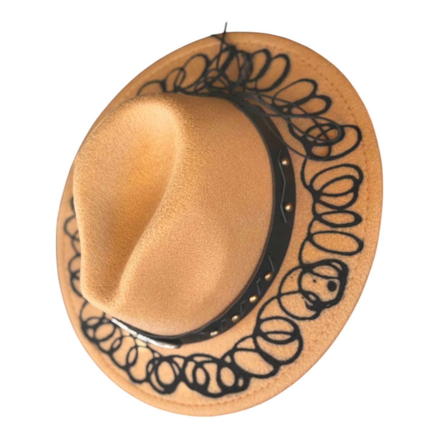 Bohemian Gold Hand-Painted Fedora Hat with Unique Black Pattern and Embellishments