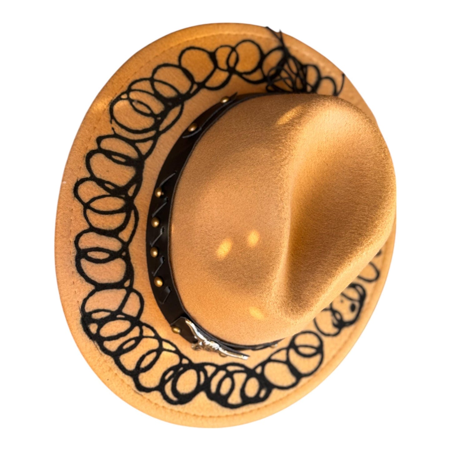 Bohemian Gold Hand-Painted Fedora Hat with Unique Black Pattern and Embellishments