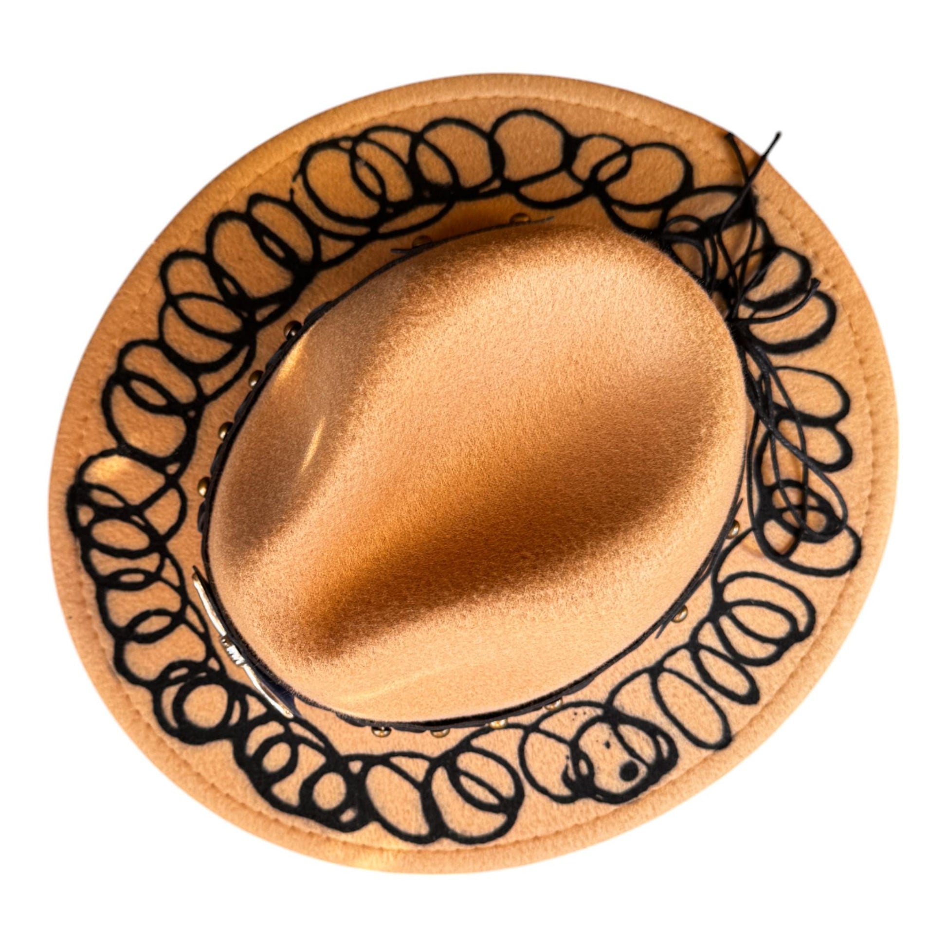 Bohemian Gold Hand-Painted Fedora Hat with Unique Black Pattern and Embellishments