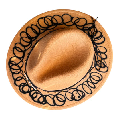 Bohemian Gold Hand-Painted Fedora Hat with Unique Black Pattern and Embellishments