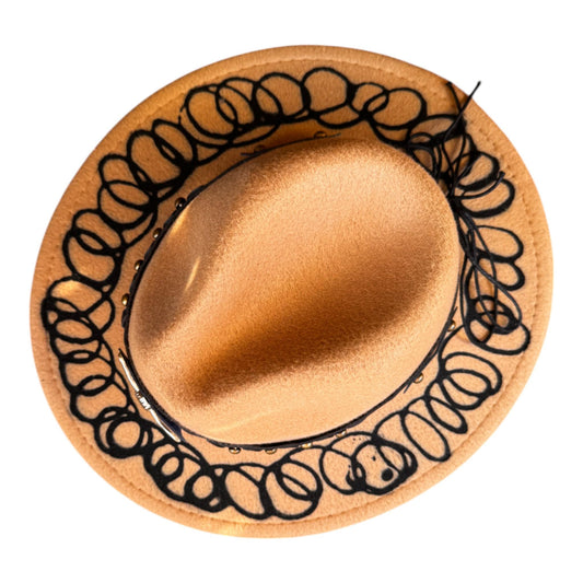 Bohemian Gold Hand-Painted Fedora Hat with Unique Black Pattern and Embellishments