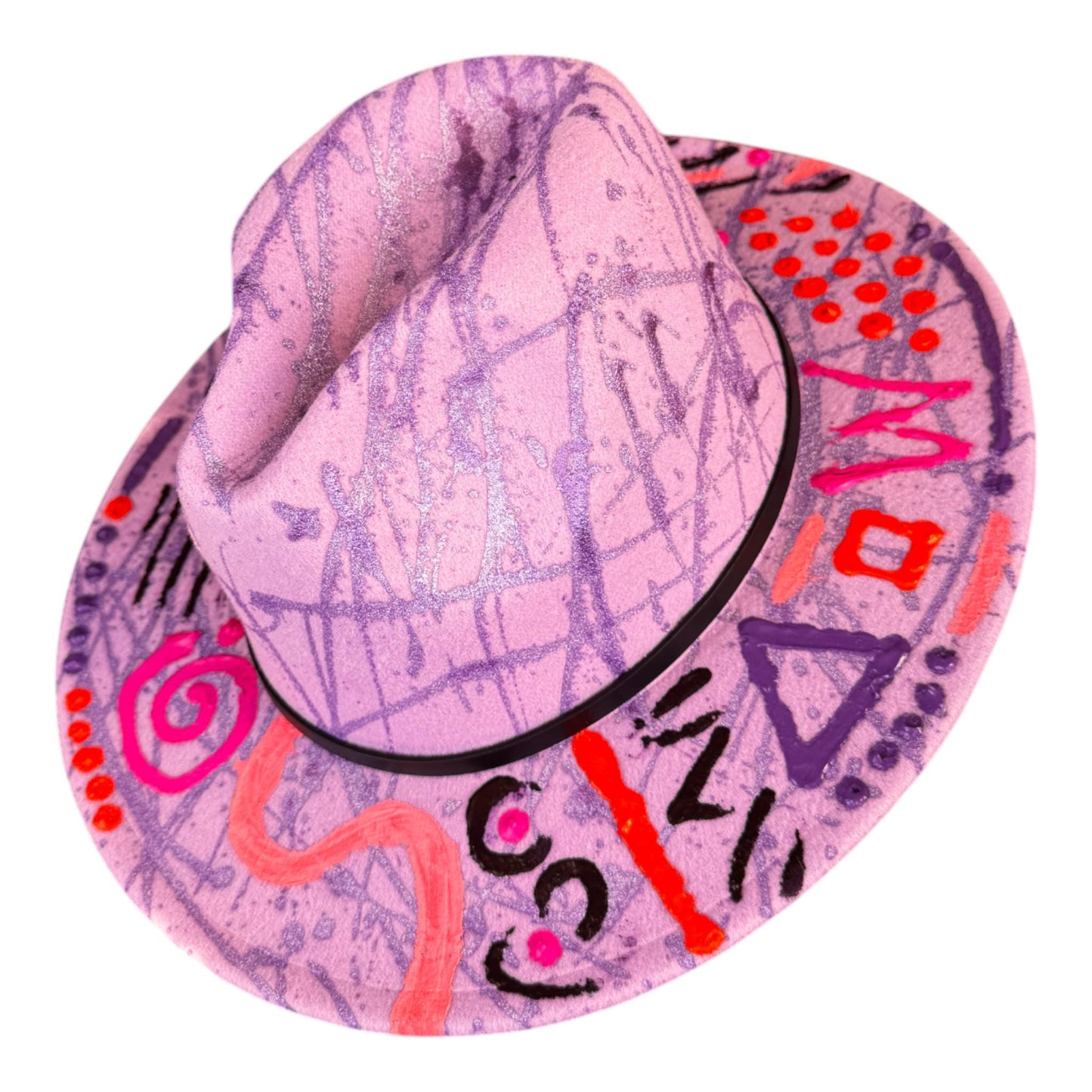 Enchanted Orbit: Handcrafted Purple Fedora with Neon Symbols