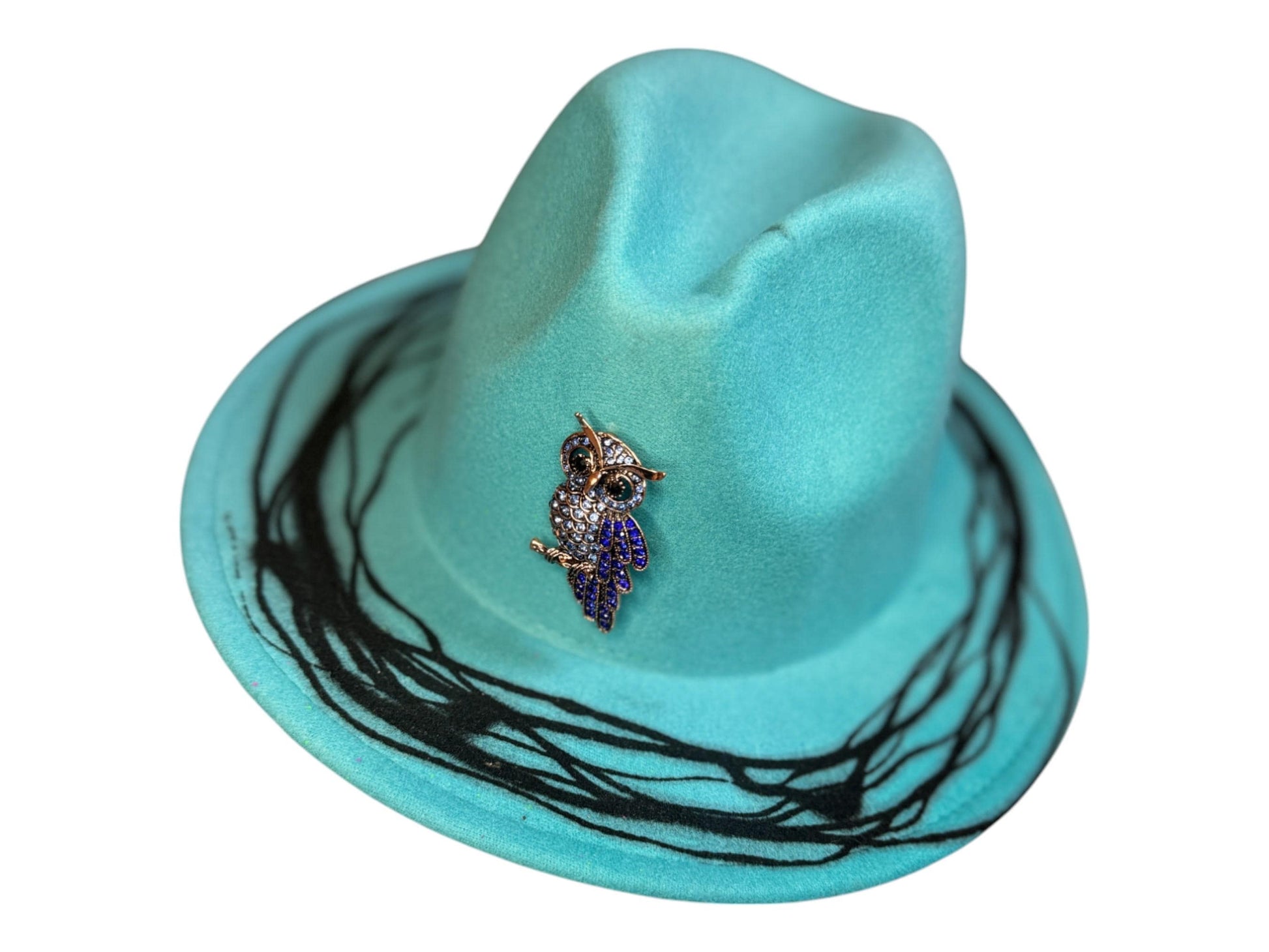 Hand-Painted Turquoise Fedora: Jeweled Owl Brooch, Rave Festival Hat