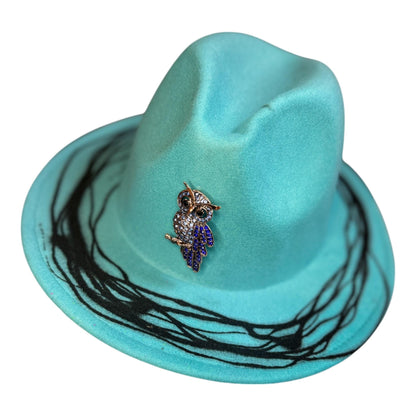 Hand-Painted Turquoise Fedora: Jeweled Owl Brooch, Rave Festival Hat