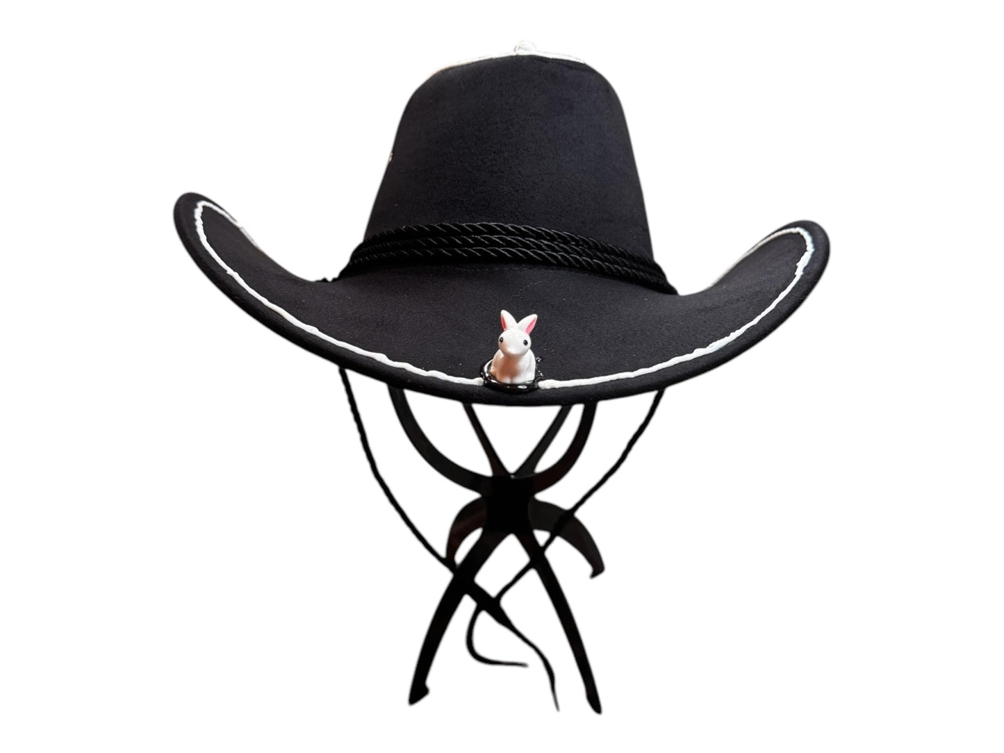 Black Cowboy Hat: Psychedelic Western Fedora with Ceramic Bunnies