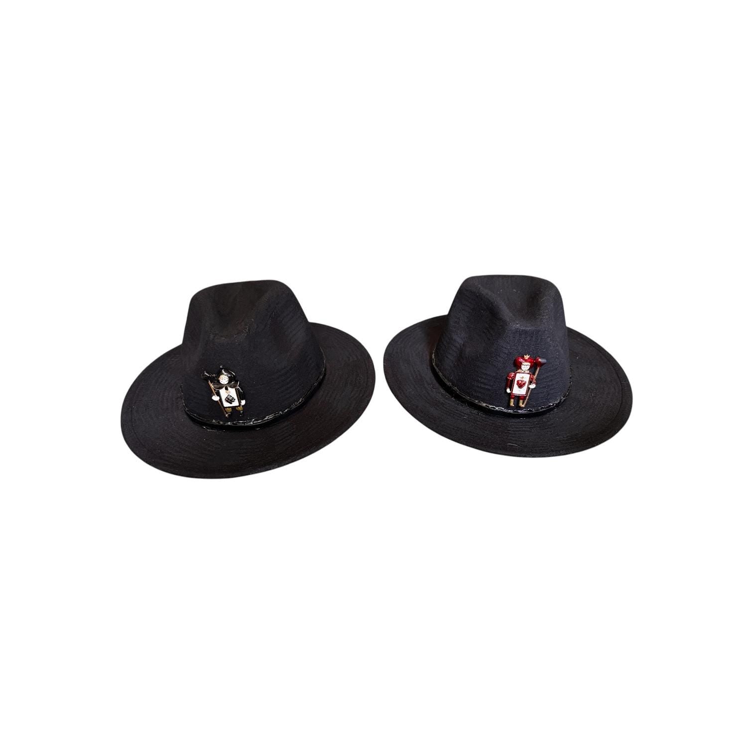 King & Queen of Hearts Fedora Set: Black Unisex Hats with Card Soldier Brooches