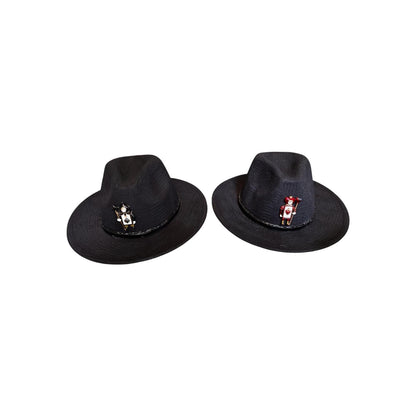 King & Queen of Hearts Fedora Set: Black Unisex Hats with Card Soldier Brooches