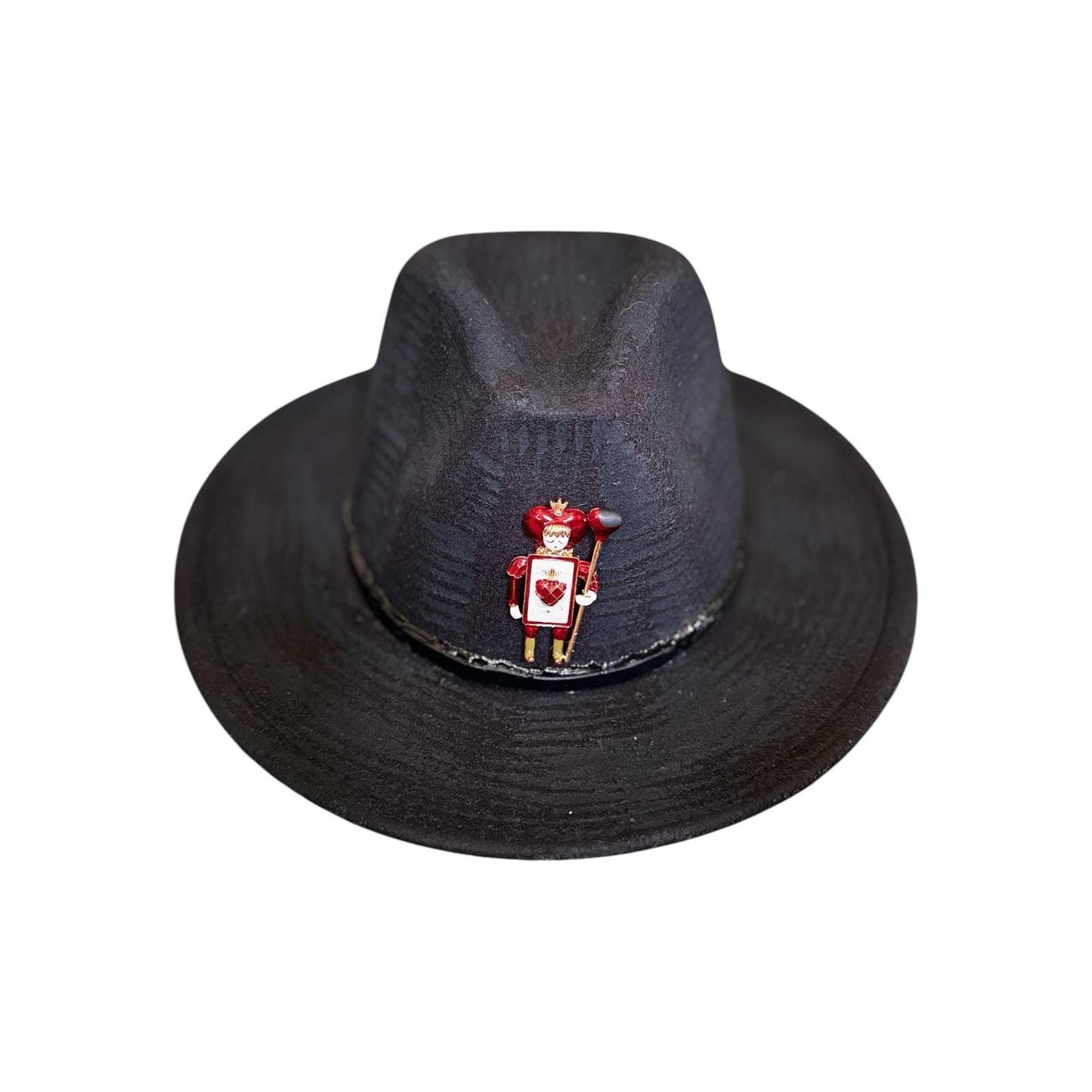 King & Queen of Hearts Fedora Set: Black Unisex Hats with Card Soldier Brooches