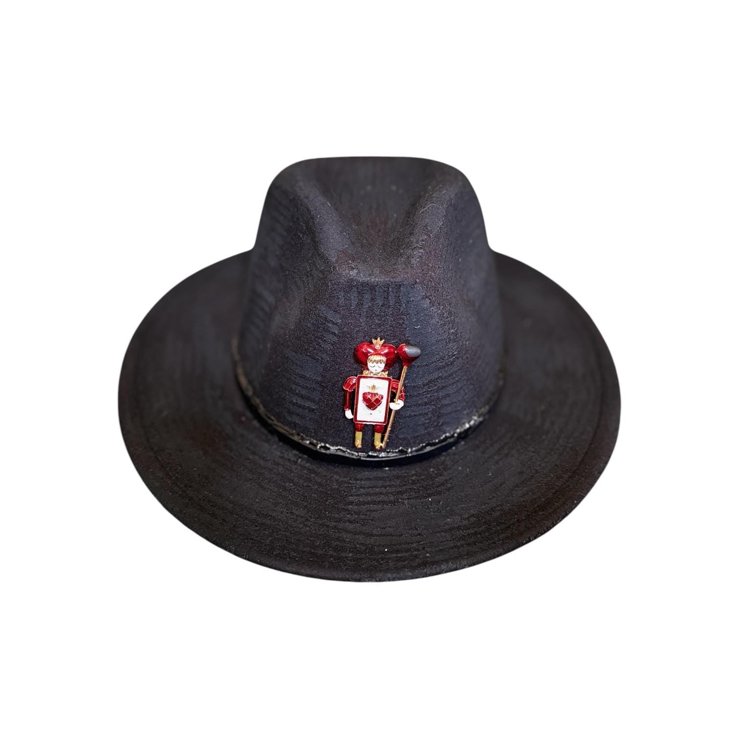 King & Queen of Hearts Fedora Set: Black Unisex Hats with Card Soldier Brooches