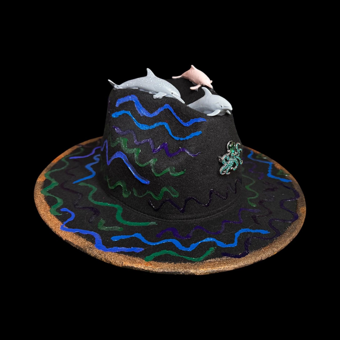 Ocean Festival Fedora: UV Glow Dolphin Hat with Octopus Brooch