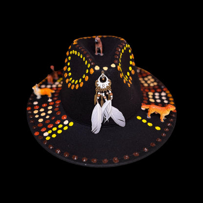 Boho Festival Hat: Painted Mandala, Dog Totems & Feathers
