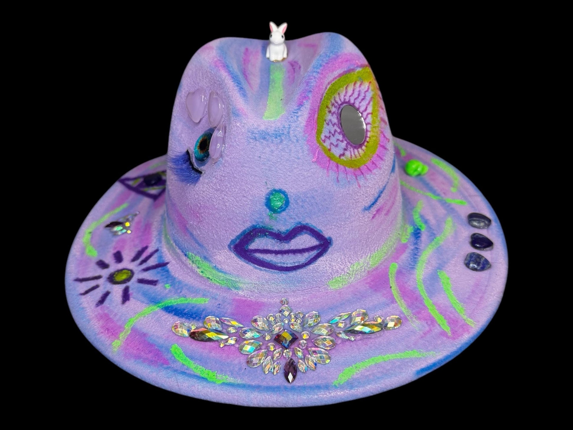 Handpainted UV Reactive Fedora: Psychedelic Neon Face Hat