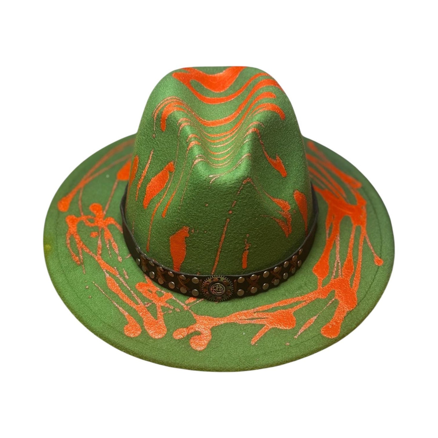 Hand-Painted Fedora: Orange Splatter, Studded Band - Burning Man Festival Hat