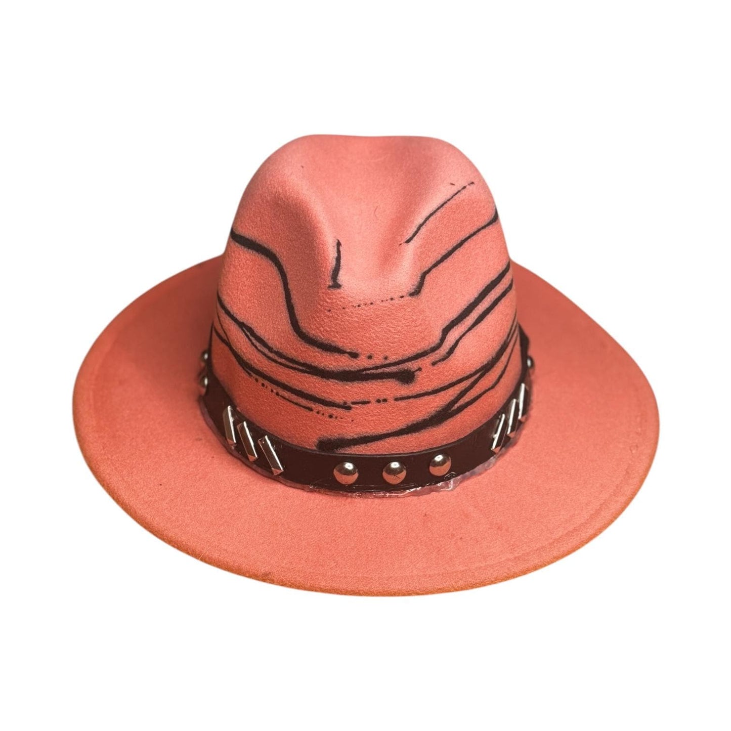 Hand-Painted Terracotta Fedora: Studded Leather Band, Boho Festival Hat