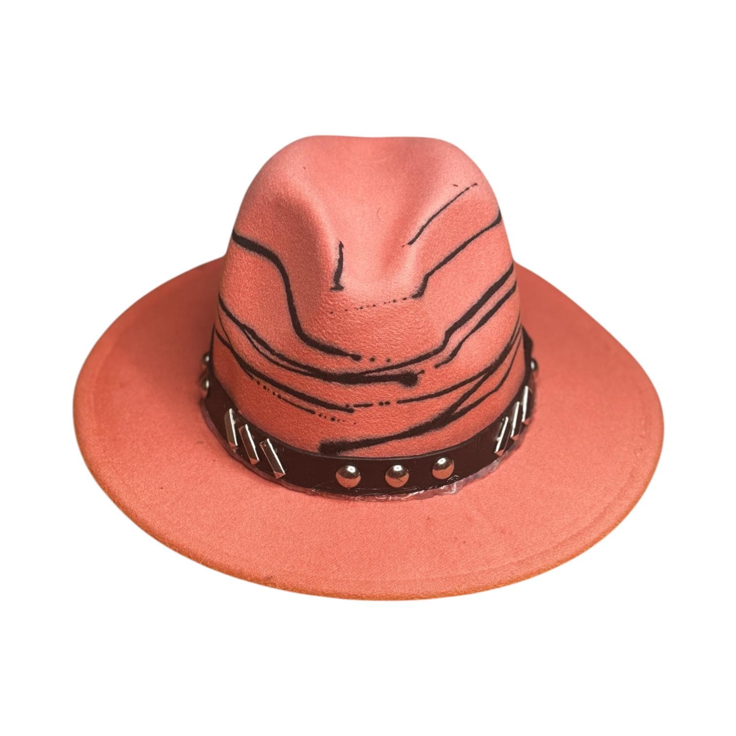 Hand-Painted Terracotta Fedora: Studded Leather Band, Boho Festival Hat