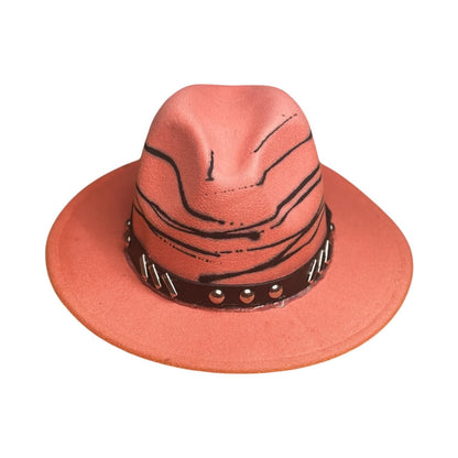 Hand-Painted Terracotta Fedora: Studded Leather Band, Boho Festival Hat