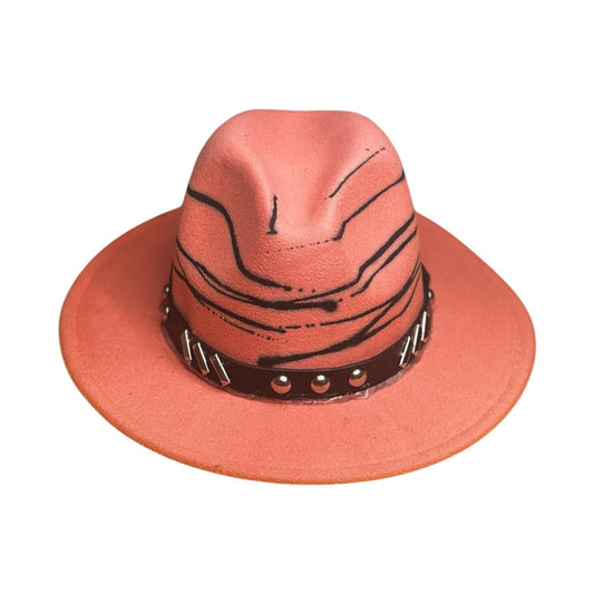 Hand-Painted Terracotta Fedora: Studded Leather Band, Boho Festival Hat