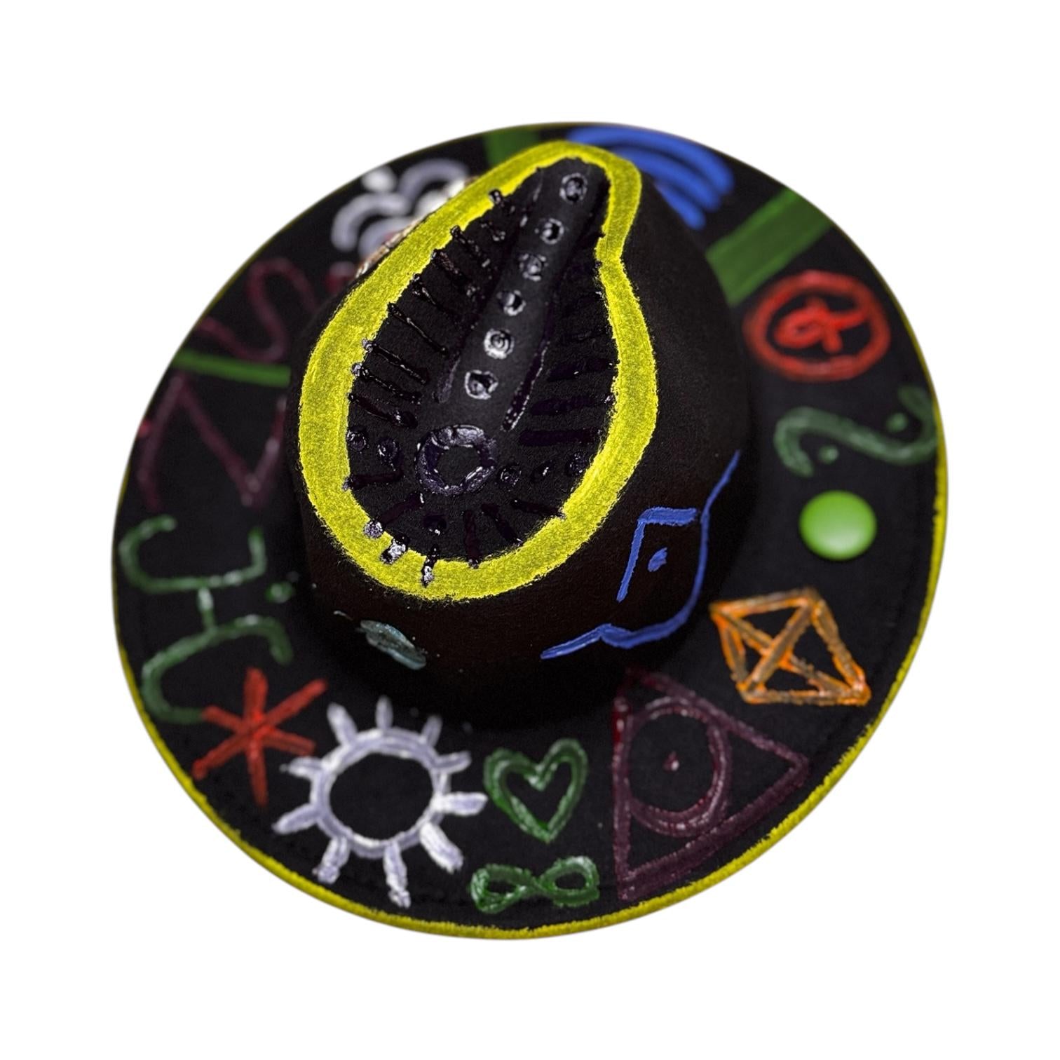 Hand-Painted Black Fedora: Symbolic Butterfly, Glow Detail - Psy Wear