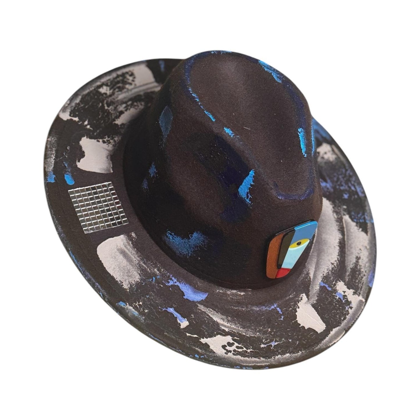 Blacklight Fedora Hat: UV Blue Splashes, Face Pin, Burning Man Wear