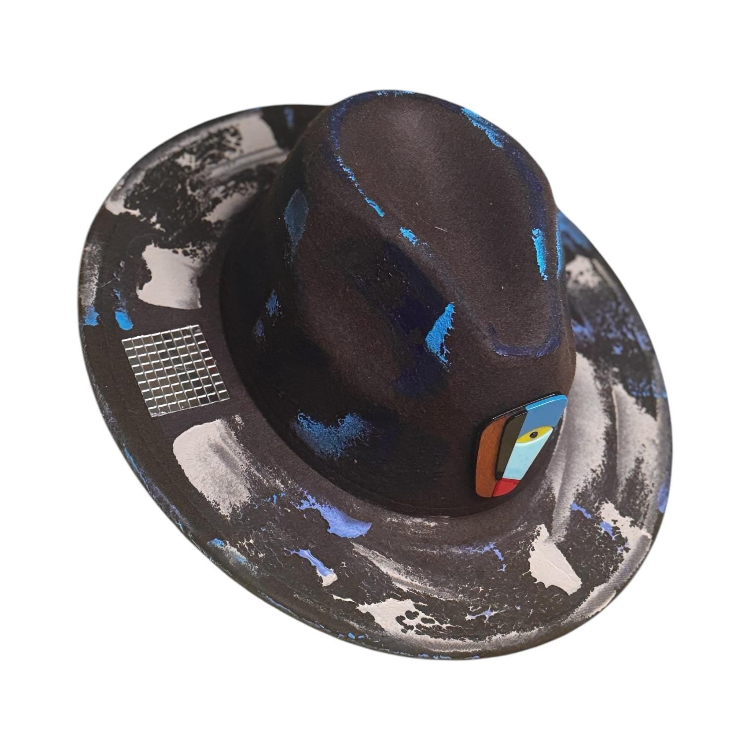 Blacklight Fedora Hat: UV Blue Splashes, Face Pin, Burning Man Wear