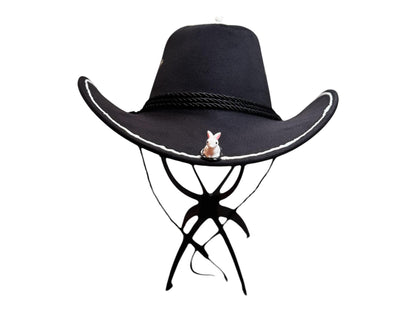 Black Cowboy Hat: Psychedelic Western Fedora with Ceramic Bunnies