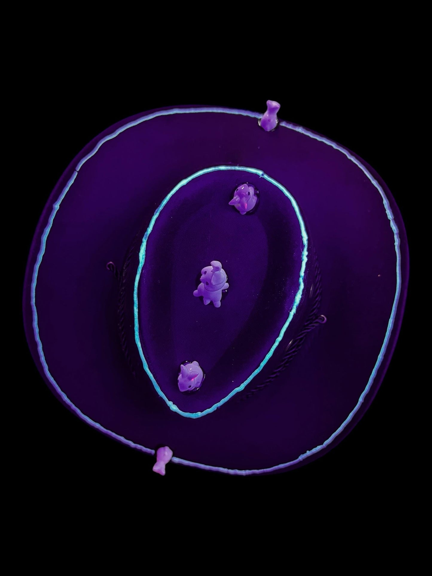 Black Cowboy Hat: Psychedelic Western Fedora with Ceramic Bunnies