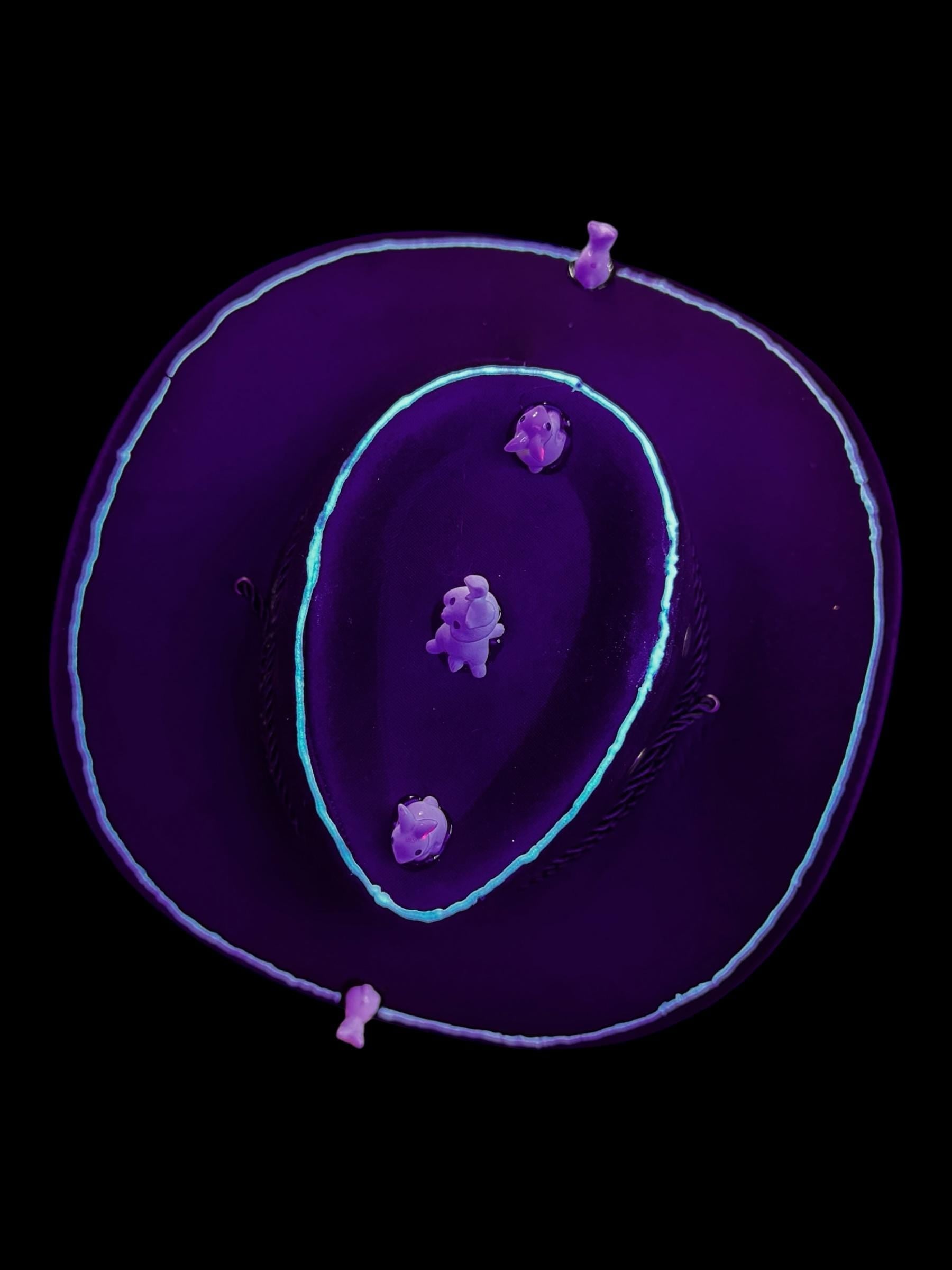 Black Cowboy Hat: Psychedelic Western Fedora with Ceramic Bunnies