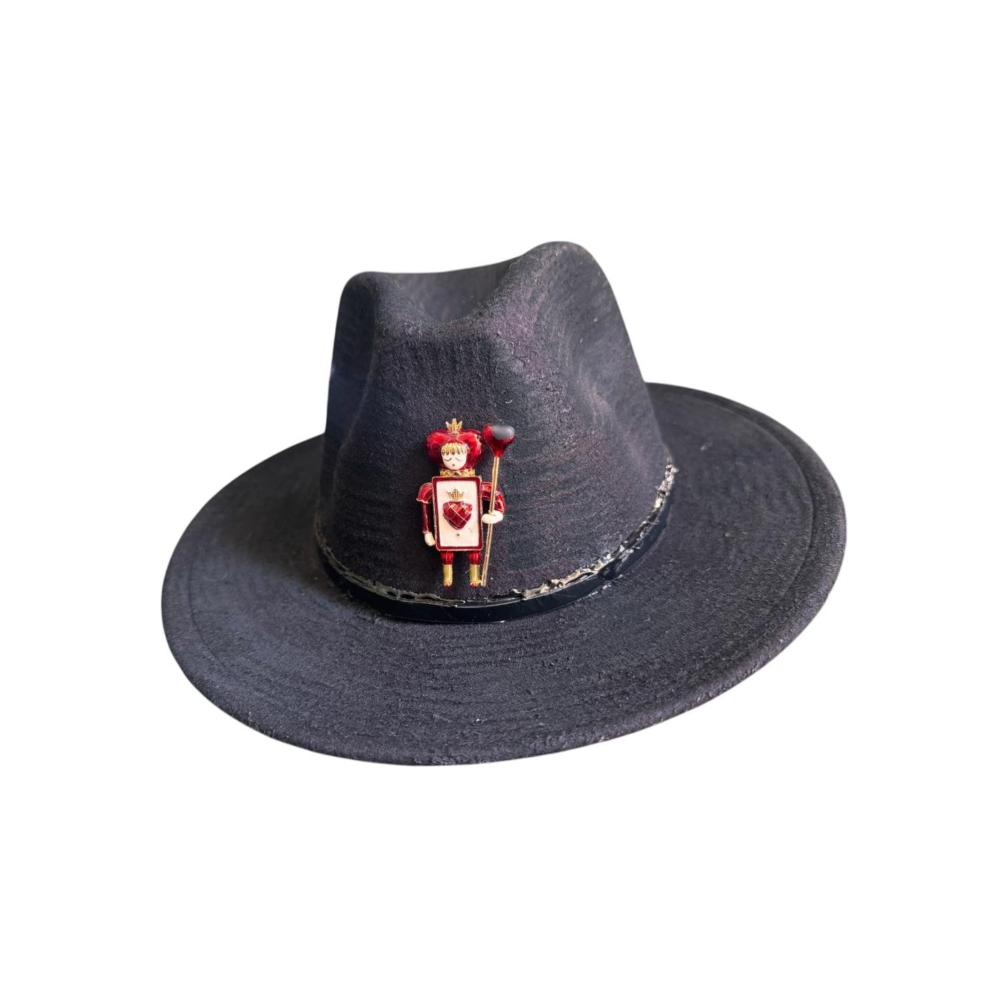 King & Queen of Hearts Fedora Set: Black Unisex Hats with Card Soldier Brooches