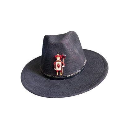 King & Queen of Hearts Fedora Set: Black Unisex Hats with Card Soldier Brooches