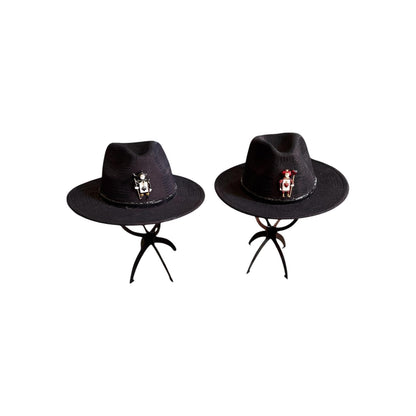 King & Queen of Hearts Fedora Set: Black Unisex Hats with Card Soldier Brooches