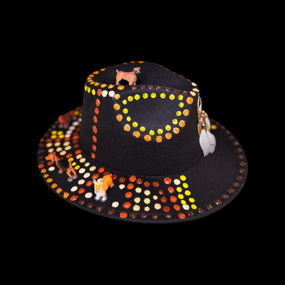 Boho Festival Hat: Painted Mandala, Dog Totems & Feathers