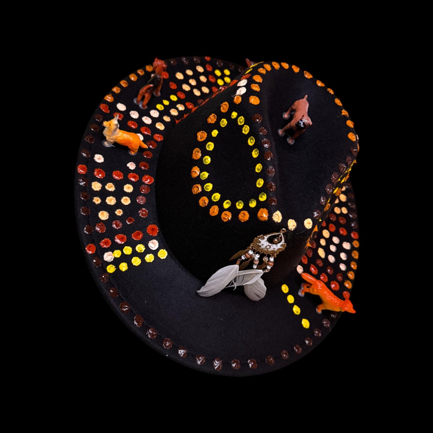 Boho Festival Hat: Painted Mandala, Dog Totems & Feathers