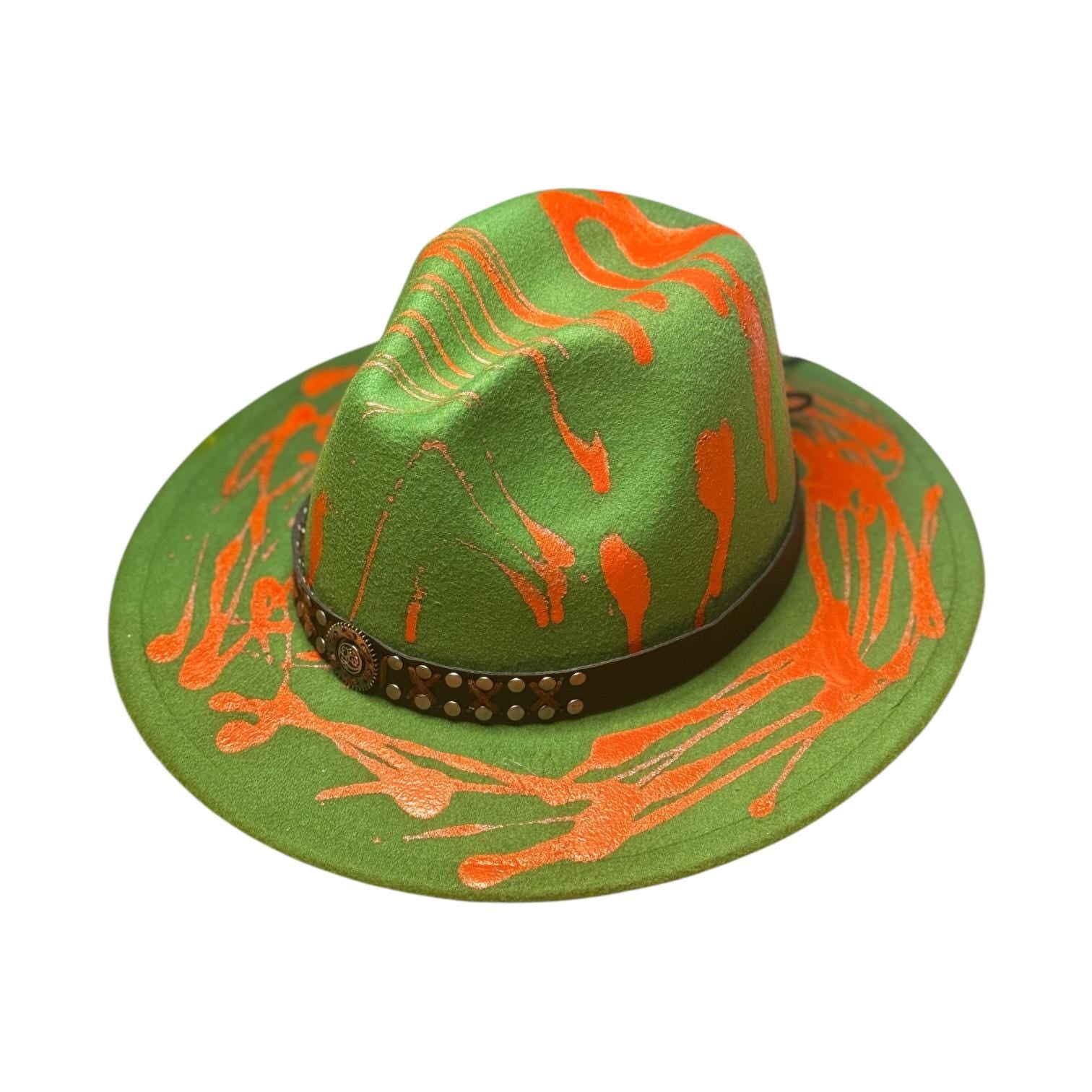 Hand-Painted Fedora: Orange Splatter, Studded Band - Burning Man Festival Hat