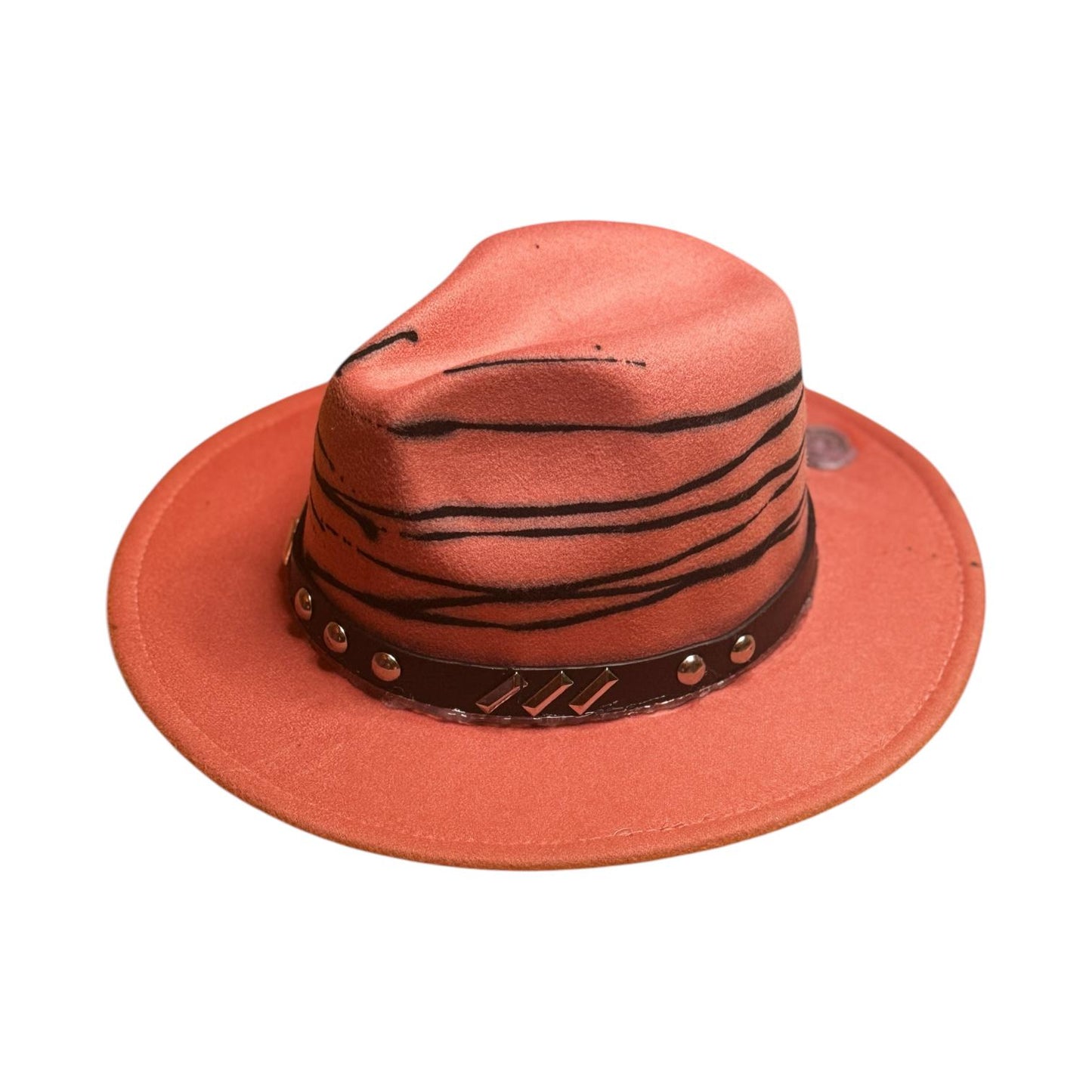 Hand-Painted Terracotta Fedora: Studded Leather Band, Boho Festival Hat