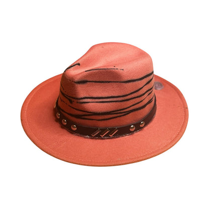 Hand-Painted Terracotta Fedora: Studded Leather Band, Boho Festival Hat