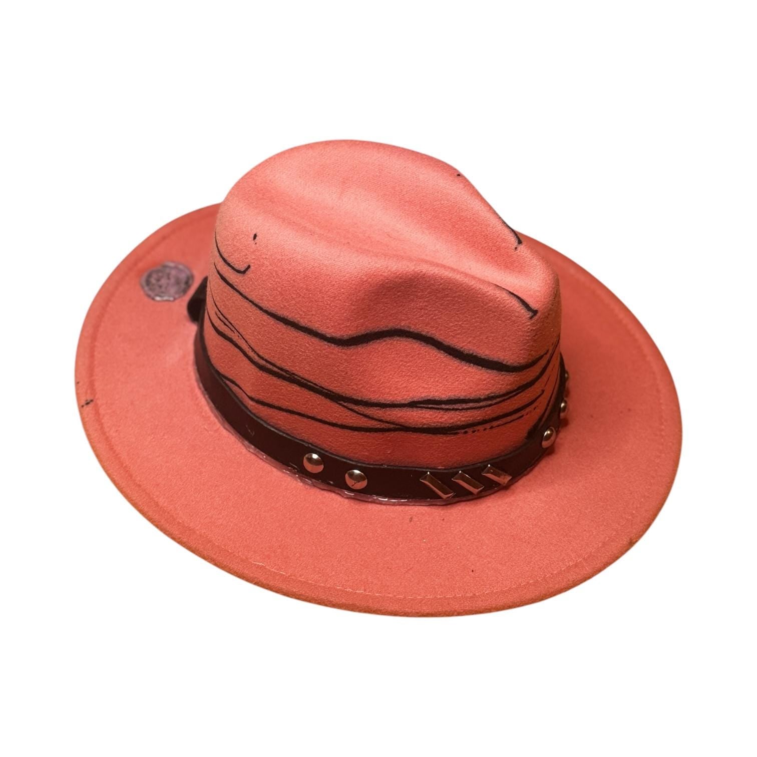 Hand-Painted Terracotta Fedora: Studded Leather Band, Boho Festival Hat